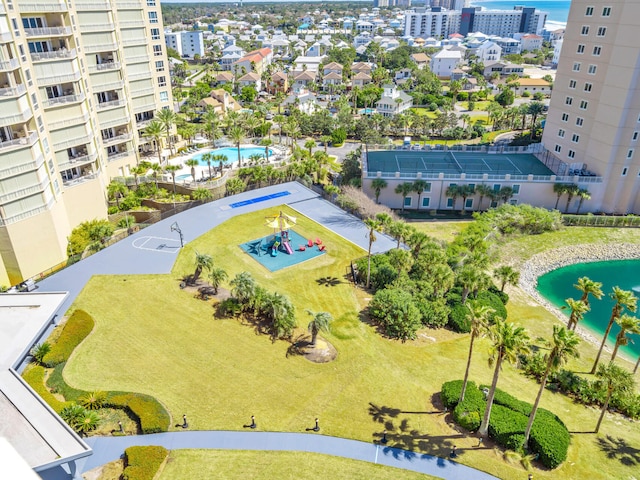 birds eye view of property featuring a water view