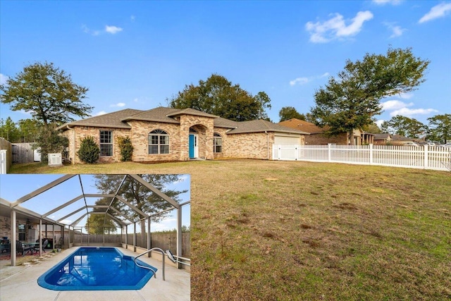 view of front of house with a fenced in pool, a patio, a front yard, and glass enclosure