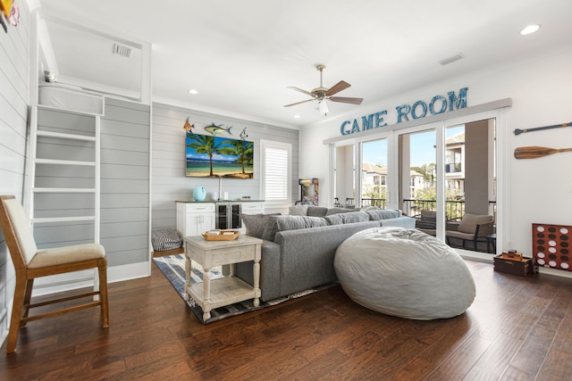 11 Wadleigh Way, Miramar Beach, FL 32550 - living room with dark wood-type flooring, wine cooler, a ceiling fan, and recessed lighting