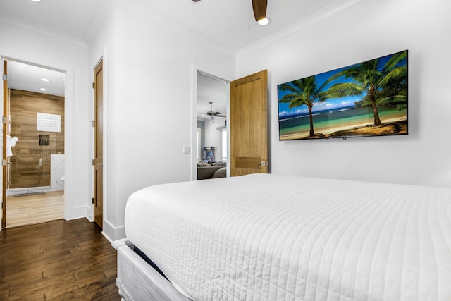 11 Wadleigh Way, Miramar Beach, FL 32550 - bedroom with crown molding, ceiling fan, connected bathroom, wood finished floors, and baseboards