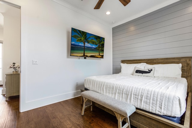 11 Wadleigh Way, Miramar Beach, FL 32550 - bedroom featuring recessed lighting, a ceiling fan, wood walls, wood finished floors, and baseboards