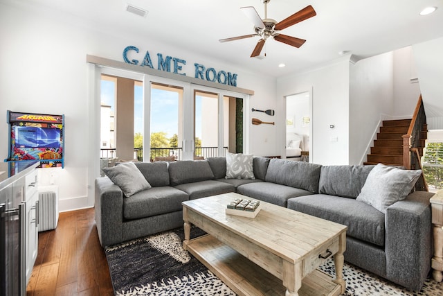 11 Wadleigh Way, Miramar Beach, FL 32550 - living room featuring hardwood / wood-style flooring, recessed lighting, a ceiling fan, visible vents, and stairway