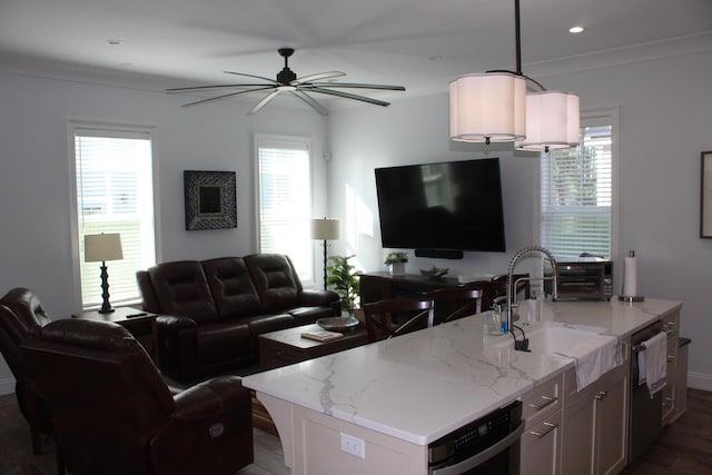 kitchen with sink, hanging light fixtures, dark hardwood / wood-style floors, light stone countertops, and a kitchen island with sink