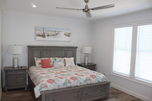 bedroom with dark hardwood / wood-style flooring, ornamental molding, and ceiling fan