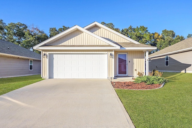 ranch-style home with a garage, concrete driveway, a front lawn, and board and batten siding