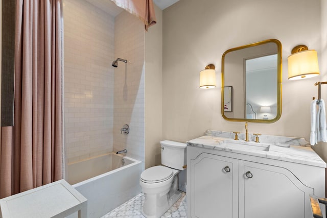 full bathroom with vanity, toilet, and shower / bath combo with shower curtain