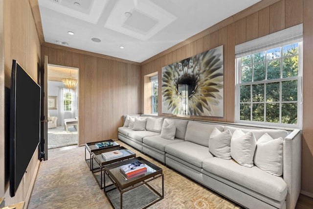 living room with wood walls