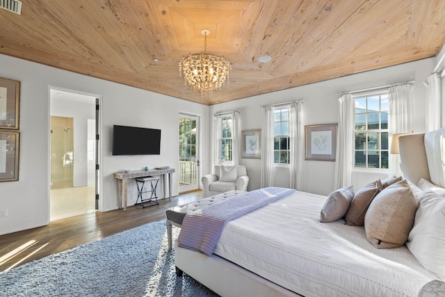 bedroom featuring ensuite bath, dark wood-type flooring, wooden ceiling, a notable chandelier, and vaulted ceiling