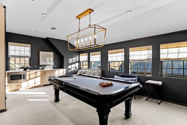 rec room featuring light colored carpet and billiards