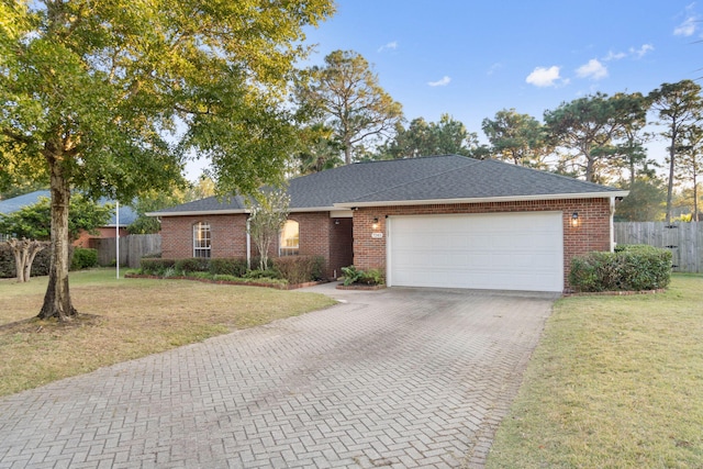 ranch-style home with a front yard and a garage