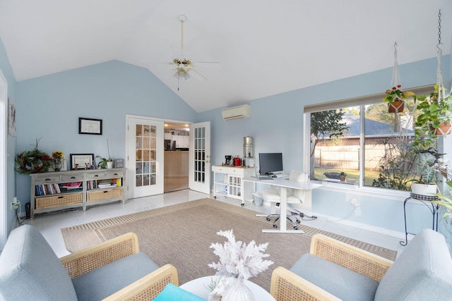 tiled living room featuring french doors, ceiling fan, vaulted ceiling, and a wall mounted air conditioner