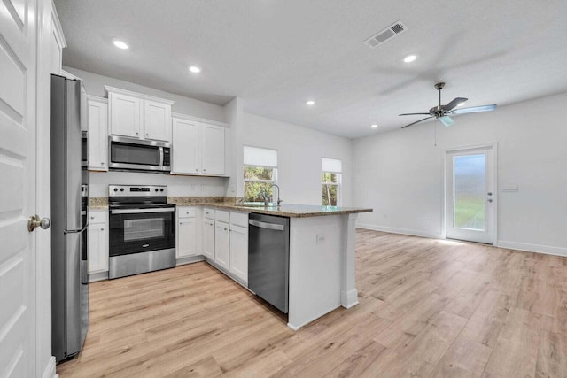 kitchen with white cabinets, sink, light wood-type flooring, appliances with stainless steel finishes, and kitchen peninsula