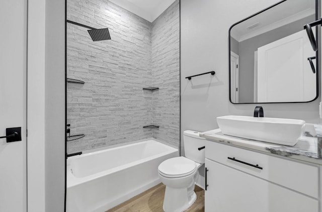 full bathroom with vanity,  shower combination, hardwood / wood-style flooring, and toilet