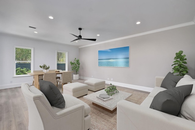156 Beacon Point Dr, Santa Rosa Beach, FL 32459 - living room featuring recessed lighting, a ceiling fan, crown molding, baseboards, and light wood-style floors