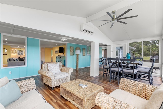 living room with ceiling fan, a wall mounted air conditioner, vaulted ceiling with beams, and dark hardwood / wood-style floors