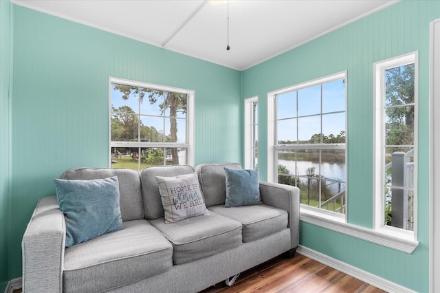 living room with a healthy amount of sunlight, wood-type flooring, and a water view