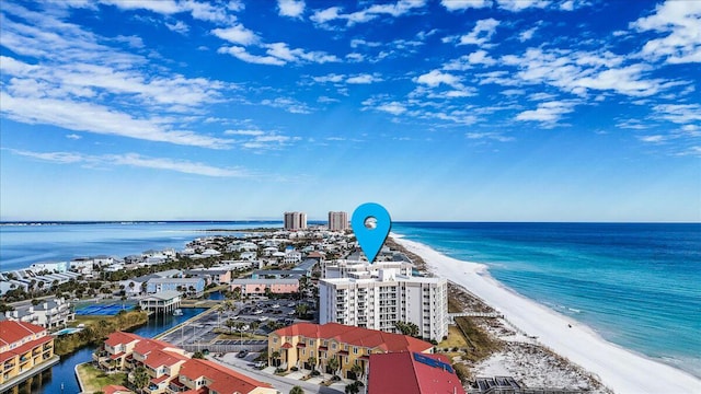 bird's eye view with a view of the beach and a water view