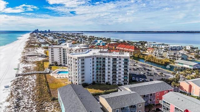 aerial view featuring a beach view and a water view