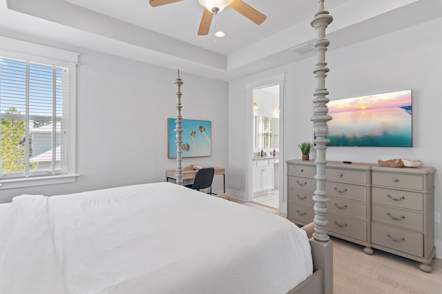 bedroom with ensuite bathroom, ceiling fan, light wood-style flooring, recessed lighting, and visible vents