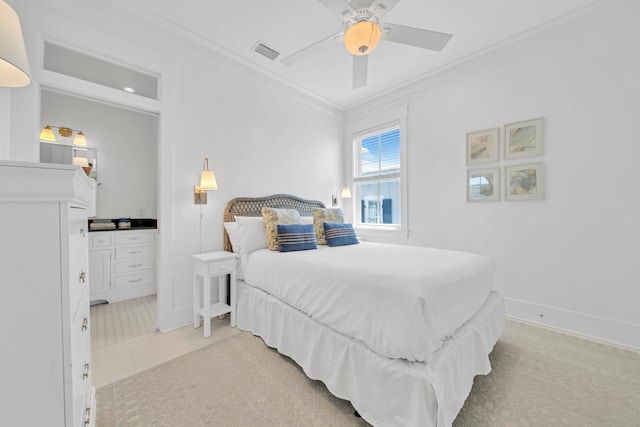 bedroom featuring ceiling fan and ornamental molding