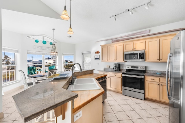 kitchen featuring vaulted ceiling, pendant lighting, an island with sink, appliances with stainless steel finishes, and sink