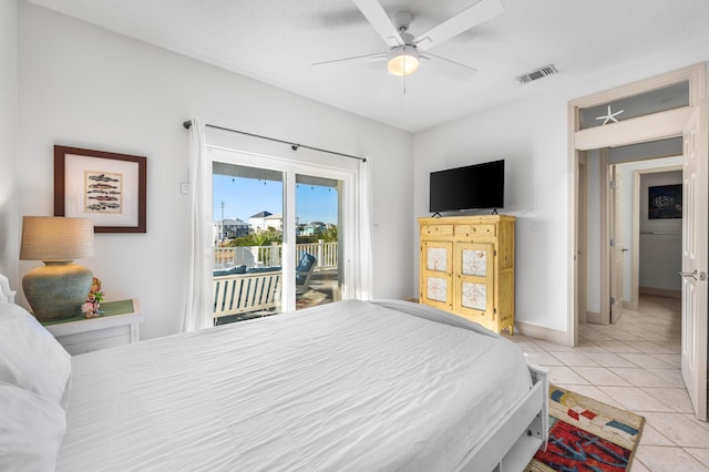 bedroom featuring a textured ceiling, access to exterior, ceiling fan, and light tile patterned floors