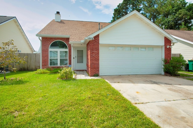 ranch-style home with a garage and a front lawn