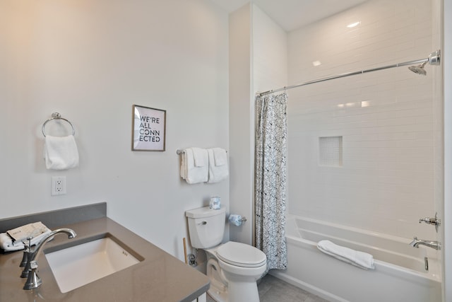 full bathroom with toilet, vanity, and shower / bathtub combination with curtain