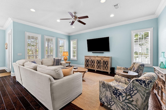 living room featuring ornamental molding, ceiling fan, and dark hardwood / wood-style floors