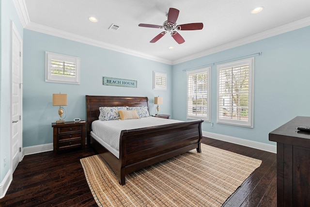 bedroom with ornamental molding, ceiling fan, and dark hardwood / wood-style floors