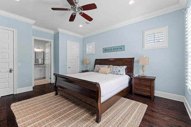 bedroom featuring ensuite bathroom, ceiling fan, crown molding, and dark hardwood / wood-style floors