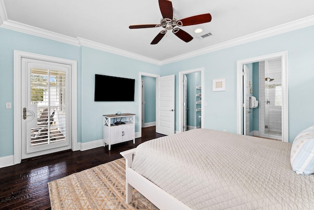 bedroom featuring connected bathroom, ceiling fan, and crown molding