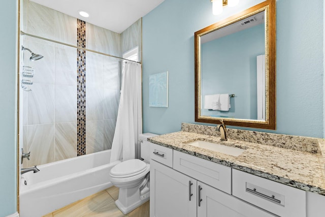 full bathroom featuring toilet, tile patterned floors, shower / bath combination with curtain, and vanity