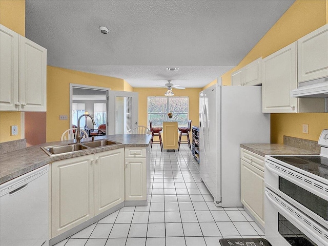 kitchen with white appliances, ceiling fan, sink, light tile patterned floors, and white cabinetry