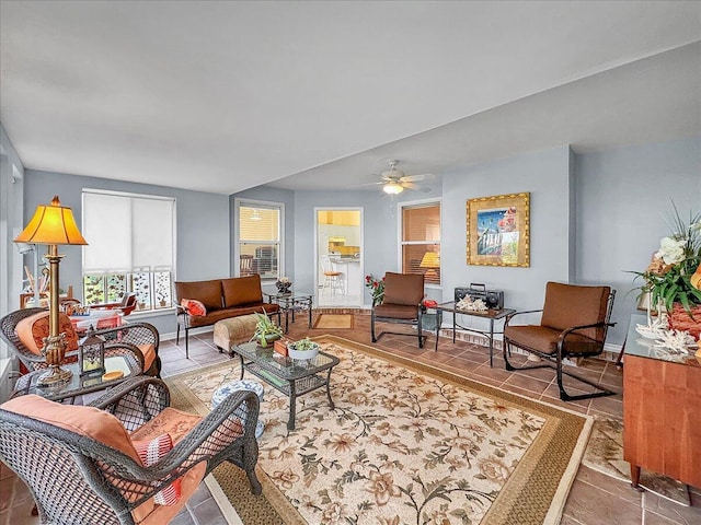 living room featuring ceiling fan