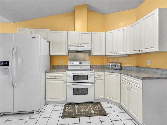 kitchen with white cabinetry, white appliances, and light tile patterned floors