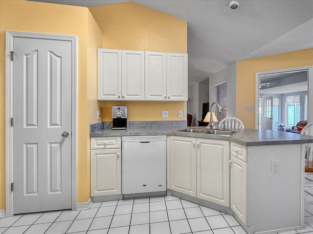 kitchen featuring dishwasher, kitchen peninsula, white cabinets, and sink