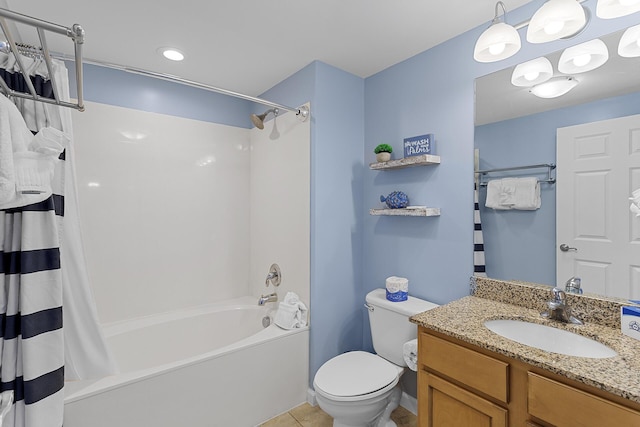 full bathroom with vanity, shower / tub combo, tile patterned floors, and toilet