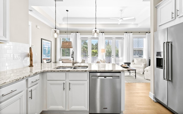 kitchen featuring a healthy amount of sunlight, a tray ceiling, white cabinets, appliances with stainless steel finishes, and sink