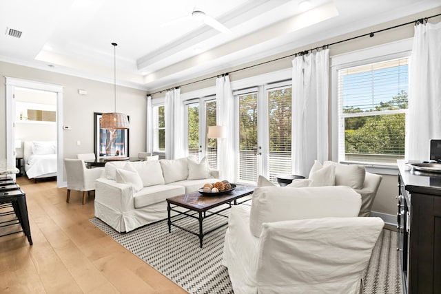 living room with a healthy amount of sunlight, light hardwood / wood-style floors, french doors, and a tray ceiling