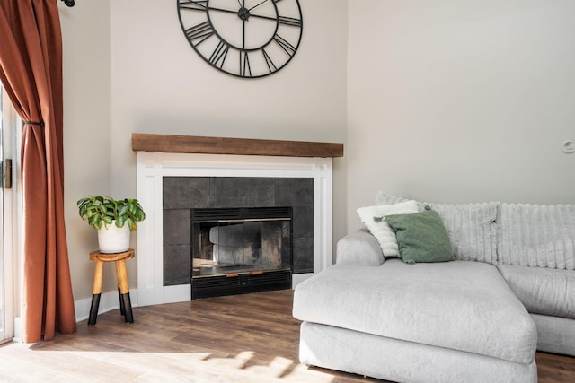 living room featuring wood-type flooring and a fireplace