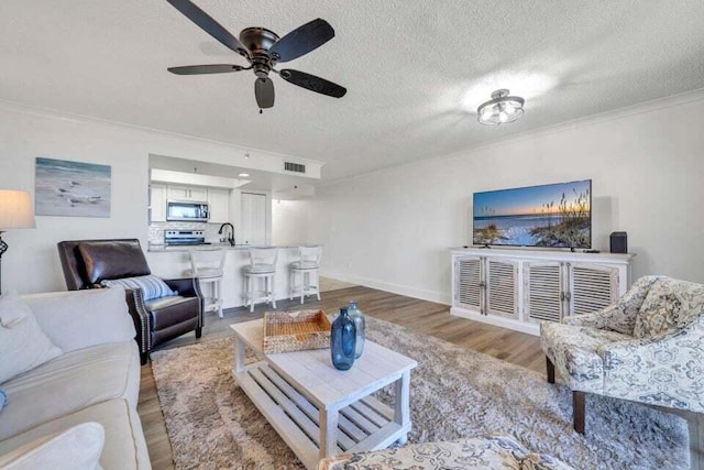 living room with a textured ceiling, light wood-type flooring, crown molding, and sink