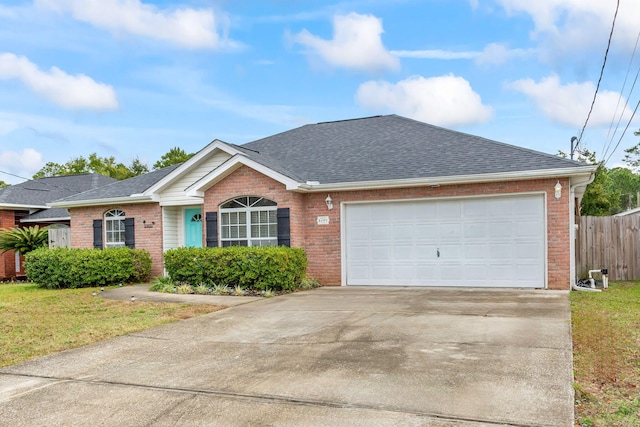 ranch-style house featuring a garage and a front lawn