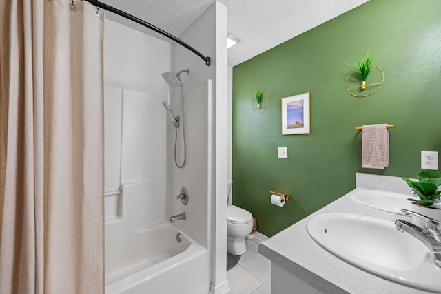 full bathroom with tile patterned flooring, toilet, a textured ceiling, vanity, and shower / tub combo with curtain