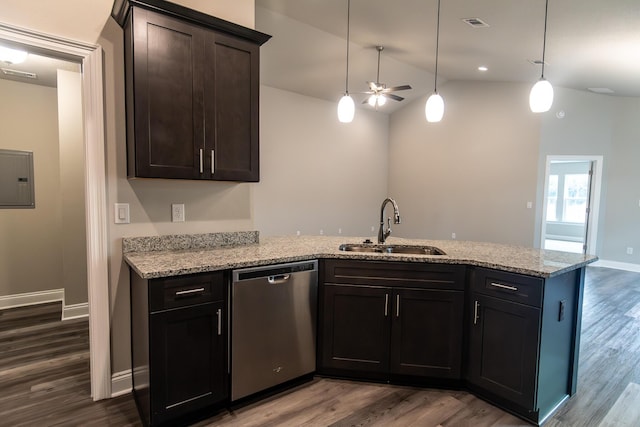 kitchen with sink, stainless steel dishwasher, electric panel, and dark hardwood / wood-style floors