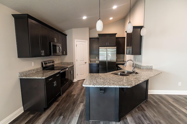 kitchen featuring dark hardwood / wood-style flooring, sink, stainless steel appliances, and kitchen peninsula