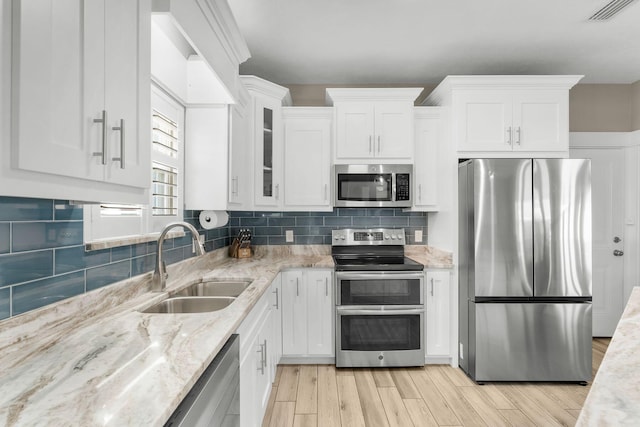 kitchen featuring appliances with stainless steel finishes, light stone countertops, decorative backsplash, white cabinets, and sink