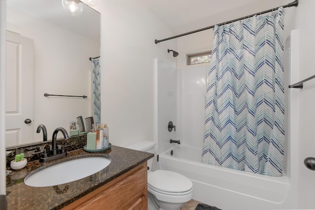 bathroom with toilet, vanity, and shower / bath combination with curtain