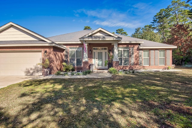 craftsman house with a garage, brick siding, concrete driveway, and a front lawn