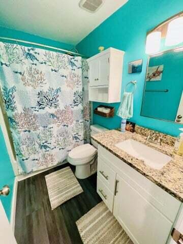 bathroom featuring toilet, vanity, wood-type flooring, and a shower with shower curtain